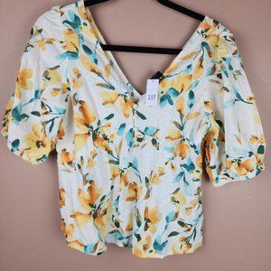 Gap v neck floral puff sleeve linen blend blouse